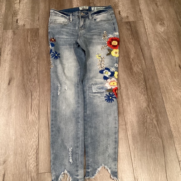 Indigo Rein Pants - Indigo Rein Floral Design Blue Jeans, Size 3, Color Multi Colored